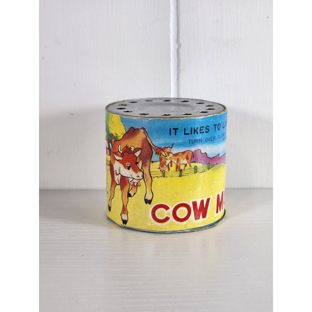 Cow Moo Tin Sound Box Toy Vintage Farm Animal Noisemaker Taiwan Cow in a Can